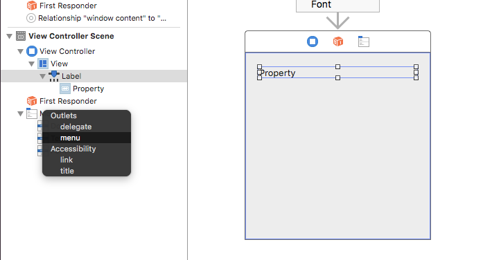 Setting the segue type by selecting menu from Outlets in the Label context menu.