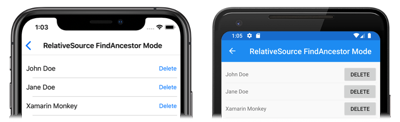 Screenshot of a FindAncestor mode relative binding, on iOS and Android