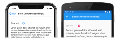 Screenshot of a data bound CheckBox, on iOS and Android