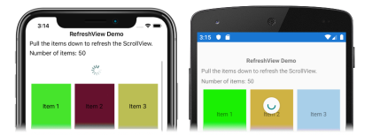 Screenshot of a RefreshView with a teal progress circle, on iOS and Android