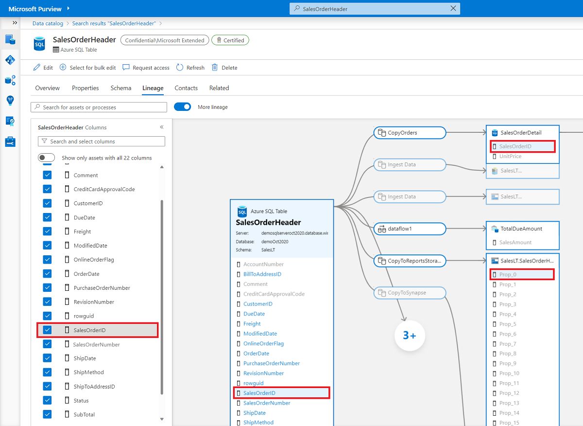 Screenshot showing how to hover over a column name to highlight the column flow in a data lineage path.