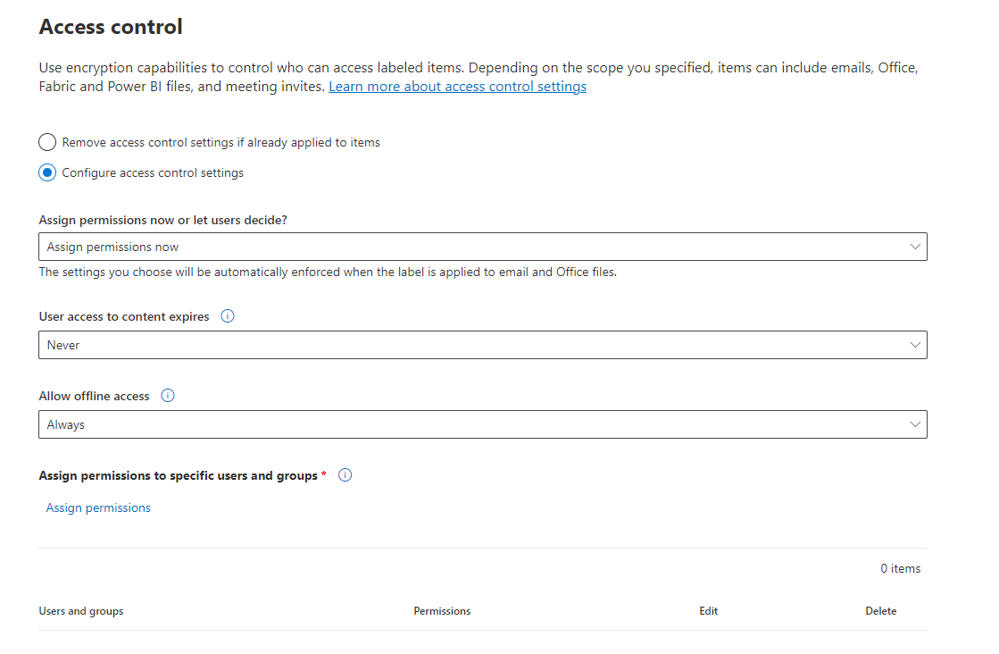 Sensitivity label options for encryption.