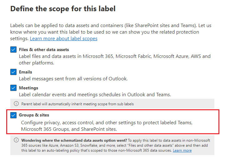 Sensitivity label scope option for Groups & sites.