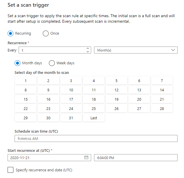 Screenshot of the set scan trigger window, with the recurring tab selected.