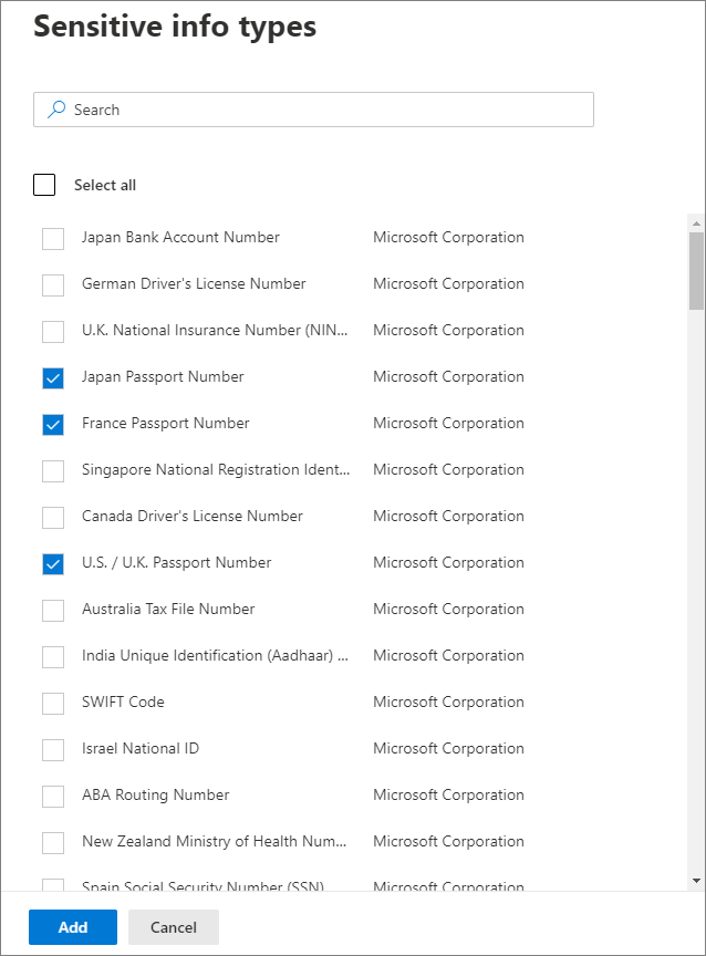 Sensitive info types for auto-labeling in Office apps.