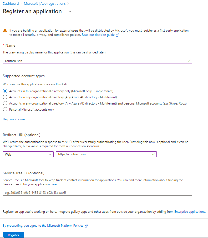 Screenshot how to create an app registration in Microsoft Entra ID.