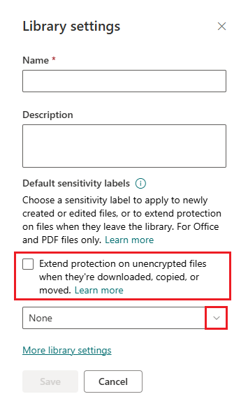 Extend permissions checkbox for SharePoint library default sensitivity label.