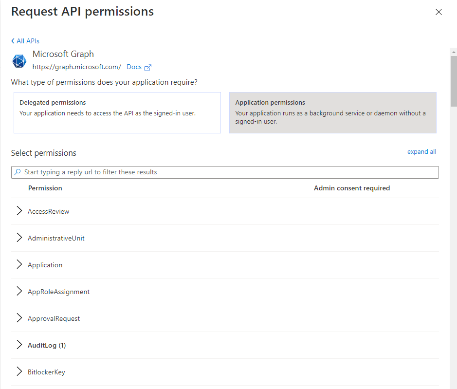 Screenshot of different types of API permissions.