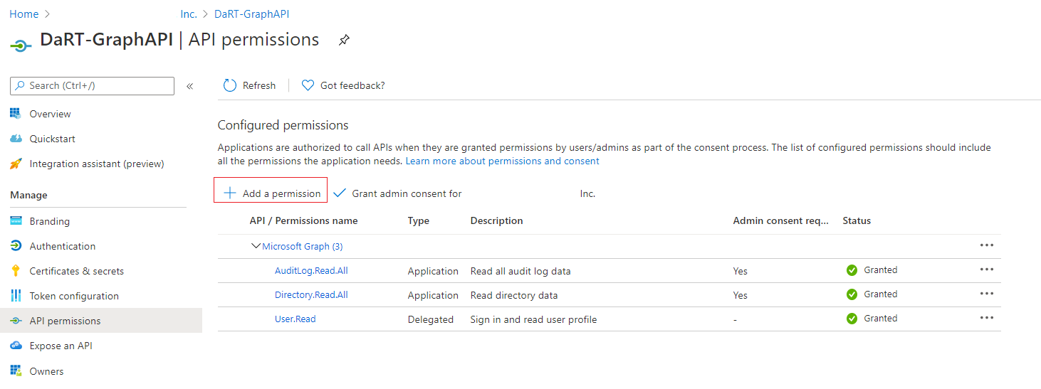 Screenshot of how to view and add API permissions.