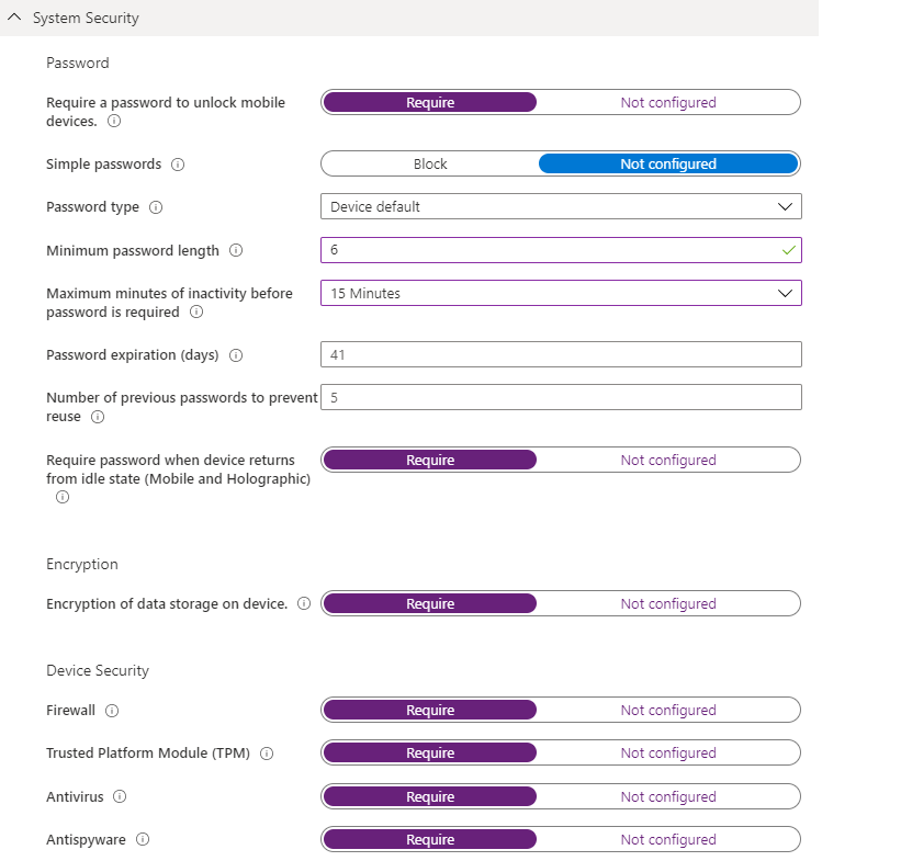 Screenshot of System Security in Windows 10 compliance policy settings.