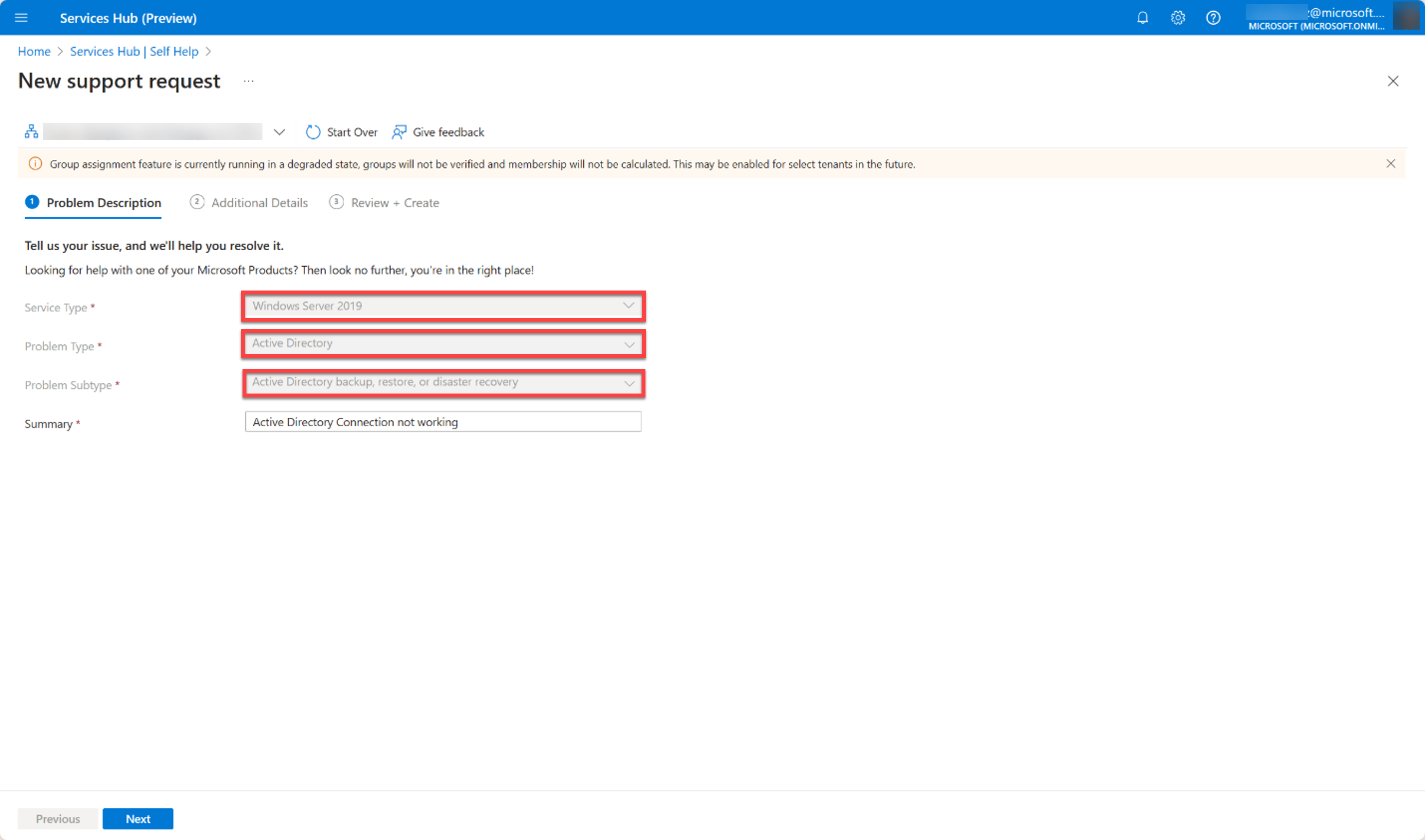 Tjenestetype og valg af problemtype.