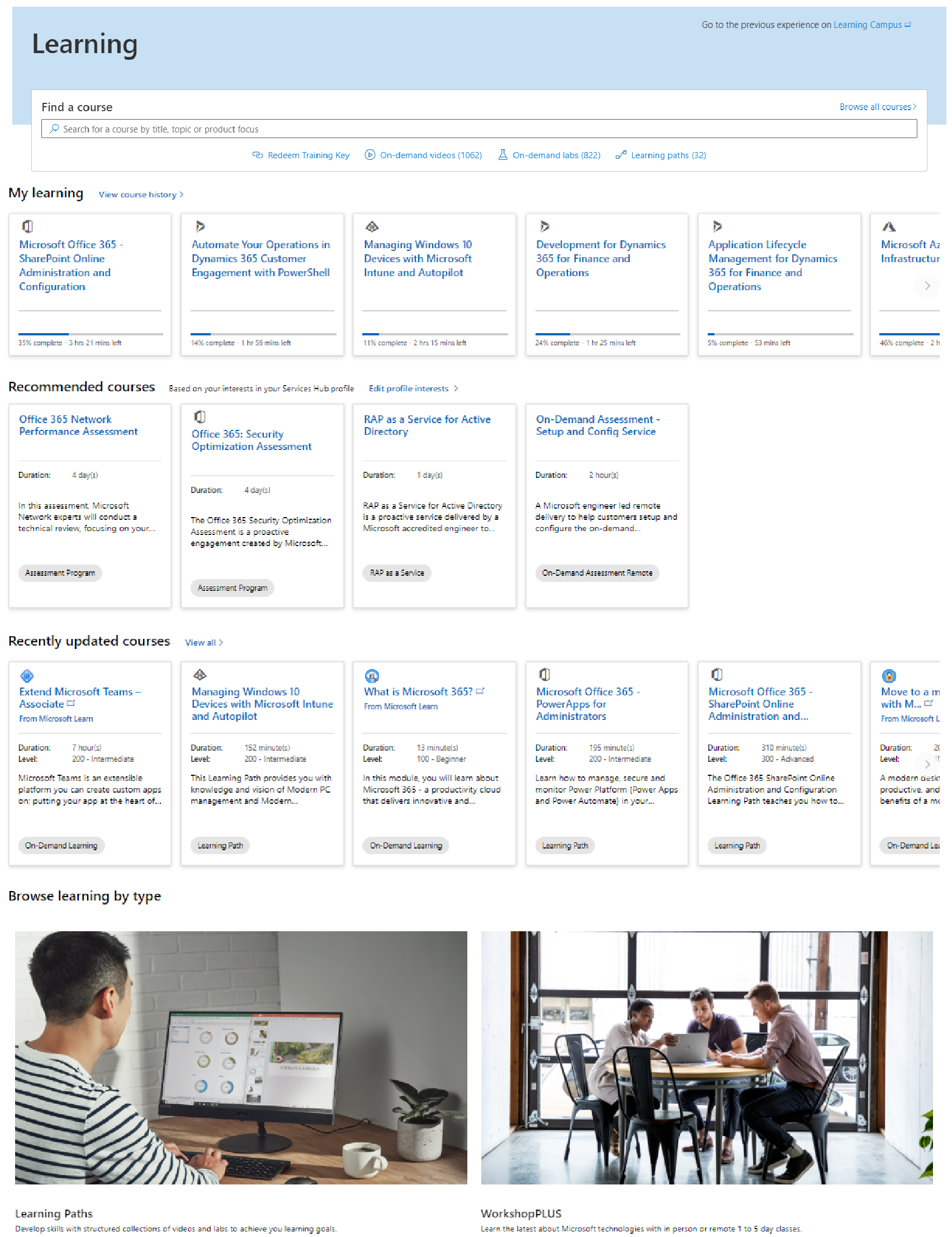 Landingsside for læring med Mine lærings- og læringsforløb, der dækker Azure, Office 365 og andre teknologier.