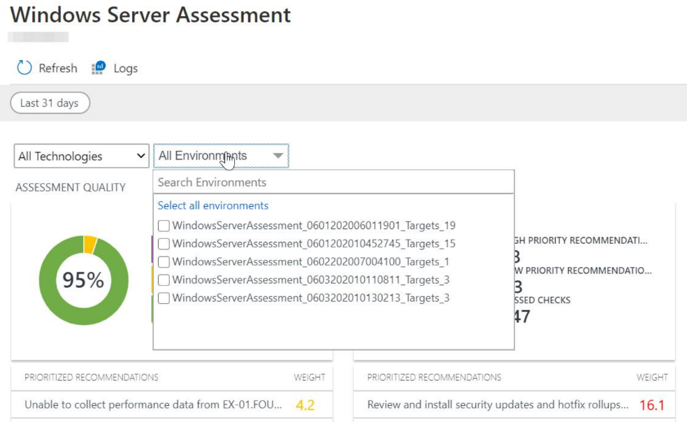 Windows Server Assessment viser en kransediagram over vurderingskvalitet med indstillinger for flere miljøer.