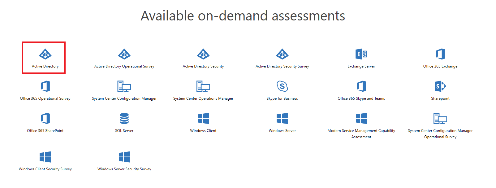 Siden Tilgængelige on-demand-vurderinger med Active Directory-vurderingen fremhævet.