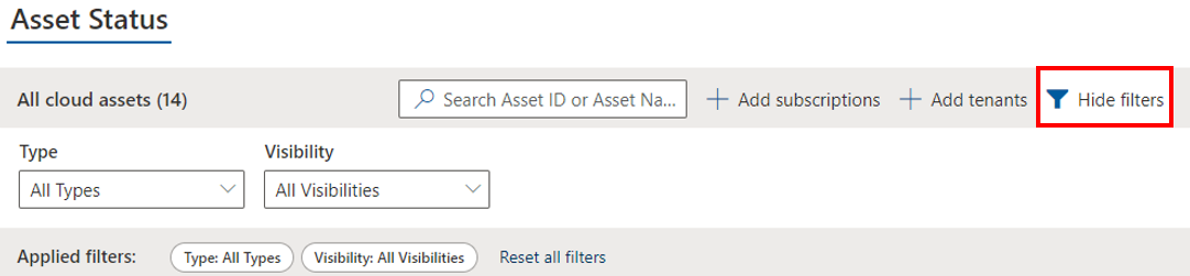 Placeringen af filterknappen i dashboardet Synlighed af cloudsupportanmodning.