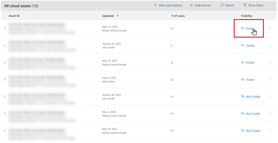 Til/fra-knappen Synlighed i dashboardet Cloud Support Request Visibility.