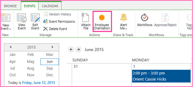 The Events ribbon with a custom button named "Employee Orientation"
