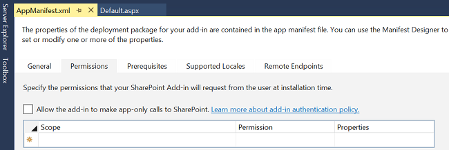 Search app permission configuration with VS