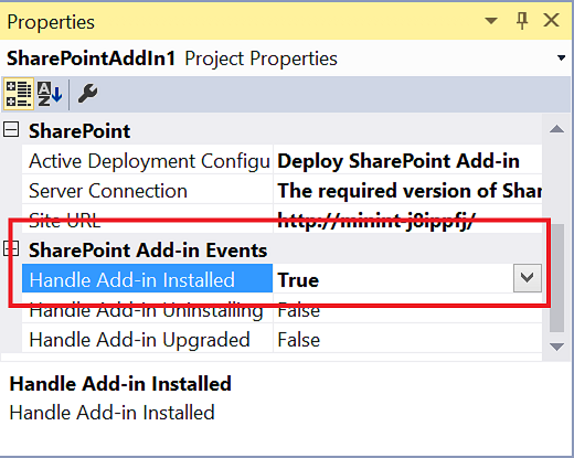 App events in the properties window