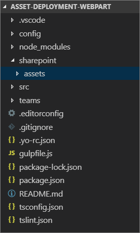 Screenshot showing assets folder under sharepoint folder in the solution structure