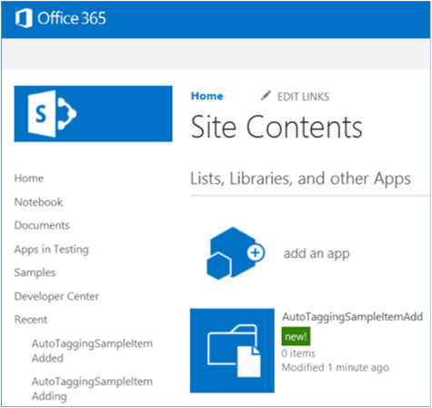 Screenshot shwoing the Site Contents page with the new AutoTaggingSampleItemAdd document library.