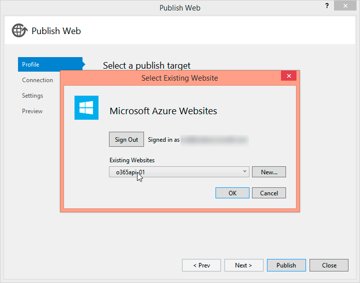 The Select Existing Website dialog shows Existing Websites set to o365api-01.