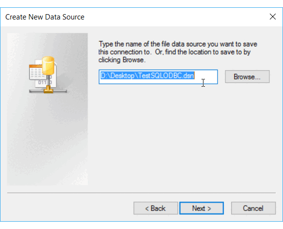 Screenshot of the ODBC Data Source Administrator Create New Data Source window showing the DNS file to be used for the data source.