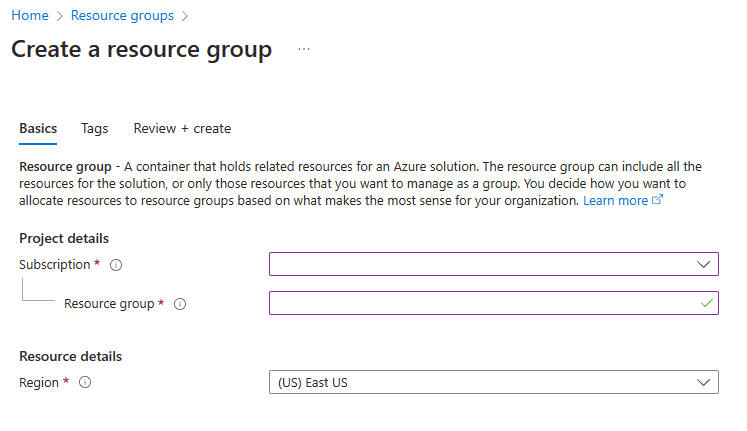 Screenshot of the Create a resource group pane in the Azure portal.