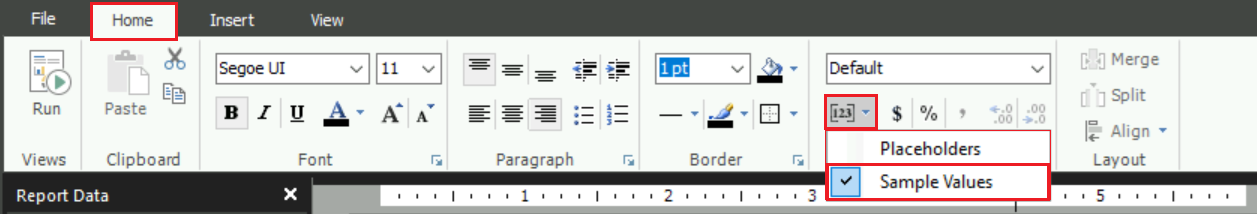 Screenshot that shows how to select the Sample Values option for placeholders in Report Builder.