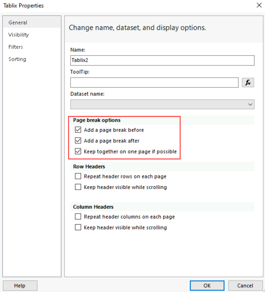 Screenshot of the Tablix Properties dialog box on the General tab highlighting the Page break options.