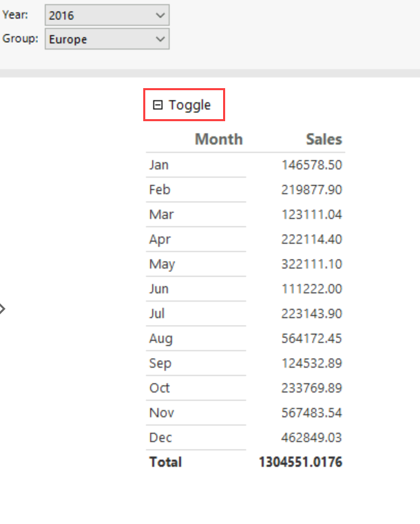 Screenshot of a running the report with an expanding table.