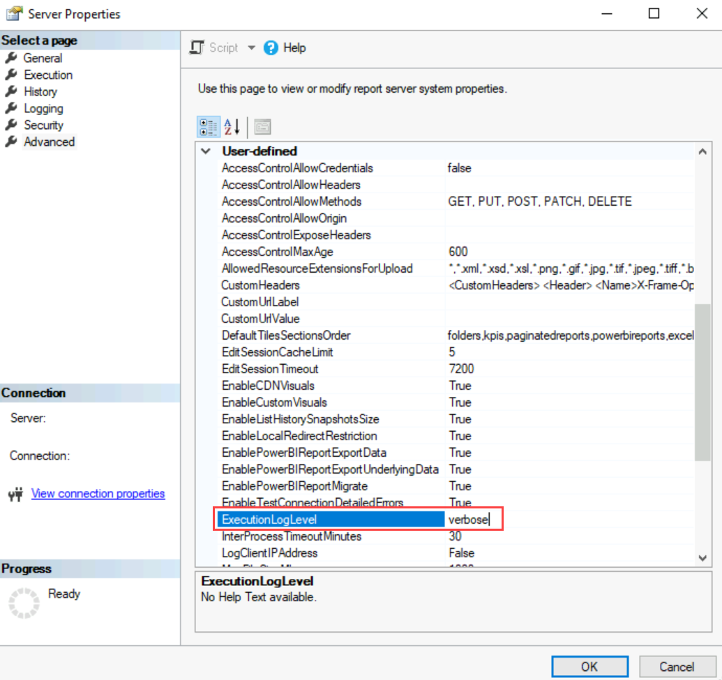 Screenshot of the Server Properties dialog box highlighting the ExecutionLogLevel field set to verbose.