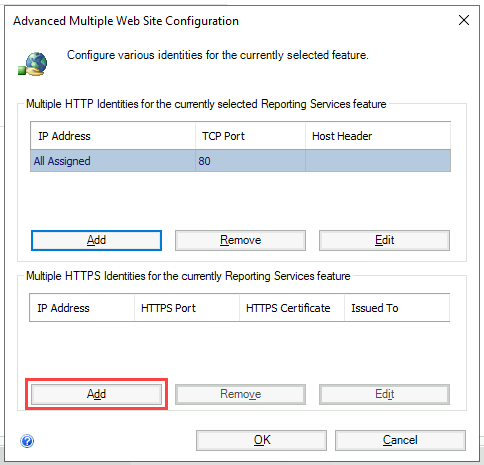 Screenshot of the Advanced Multiple Web Site Configuration page, with the Add button highlighted for multiple HTTPS identities.