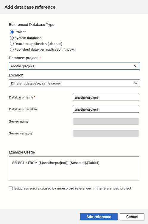 Screenshot of Azure Data Studio add reference dialog.