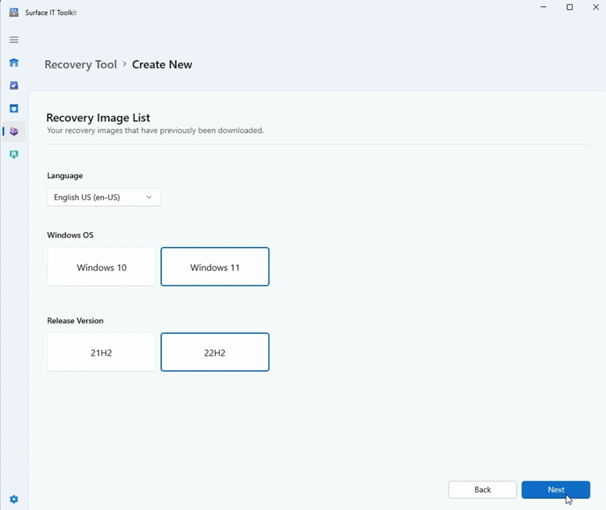 Screenshot of page to select language, operating system, and Windows version.