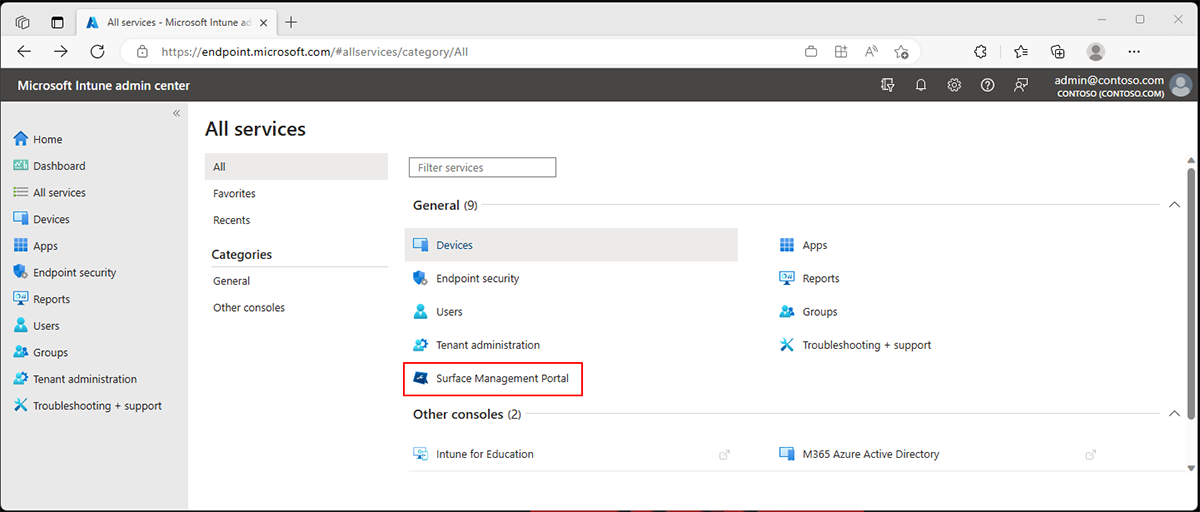 Screenshot that shows the Surface Management Portal on the Intune admin center home page.