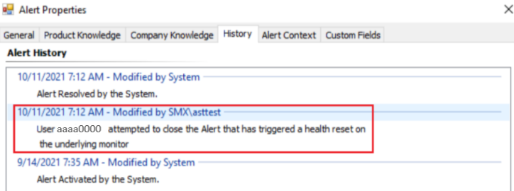 Screenshot showing Alert history.