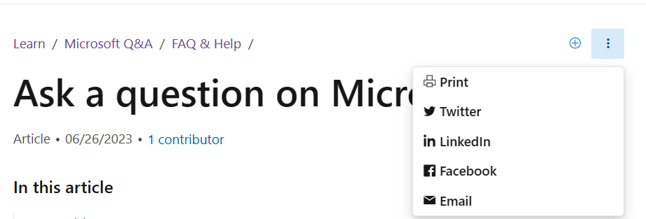 Screenshot showing the share options menu on a Microsoft documentation article.