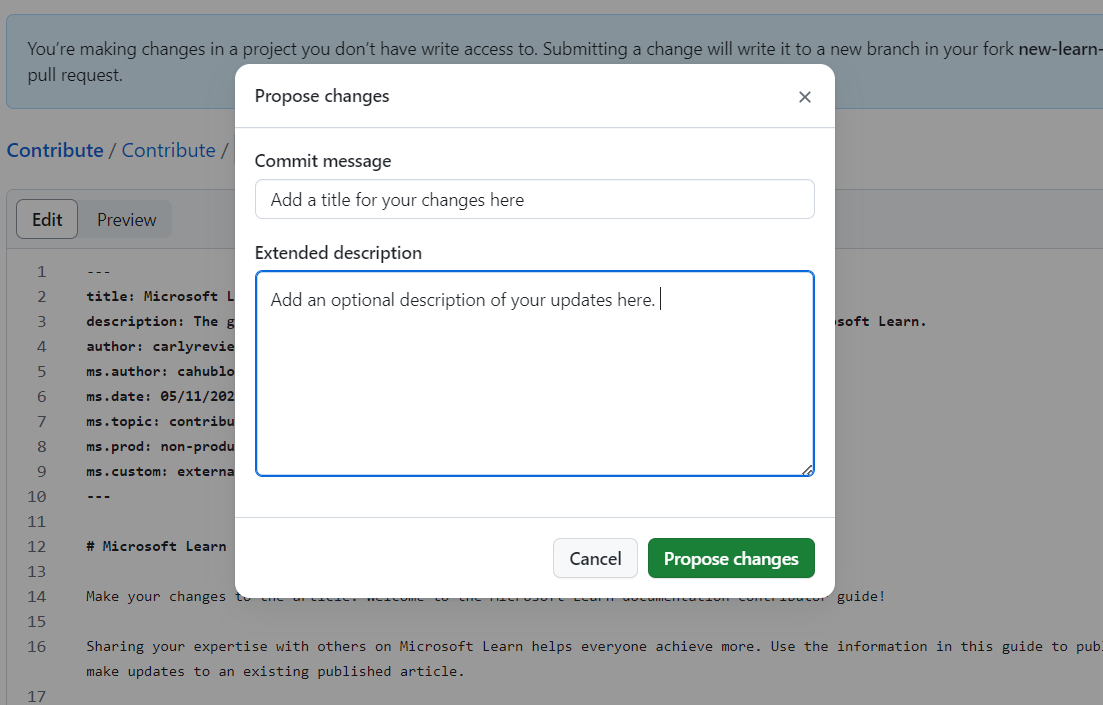 Screenshot of the pop-up box with two fields to create a Commit message and add an extended description of the changes.