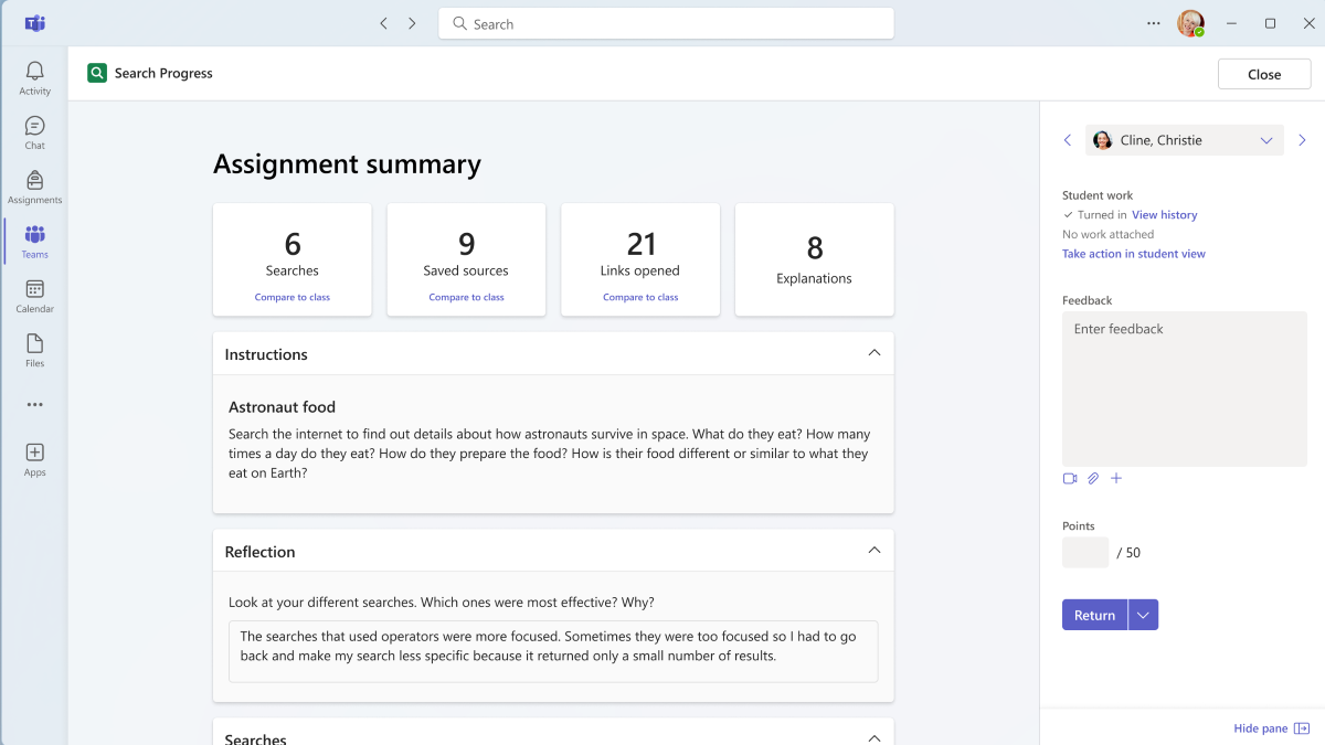 Screenshot of the Search Progress assignment summary educator report.