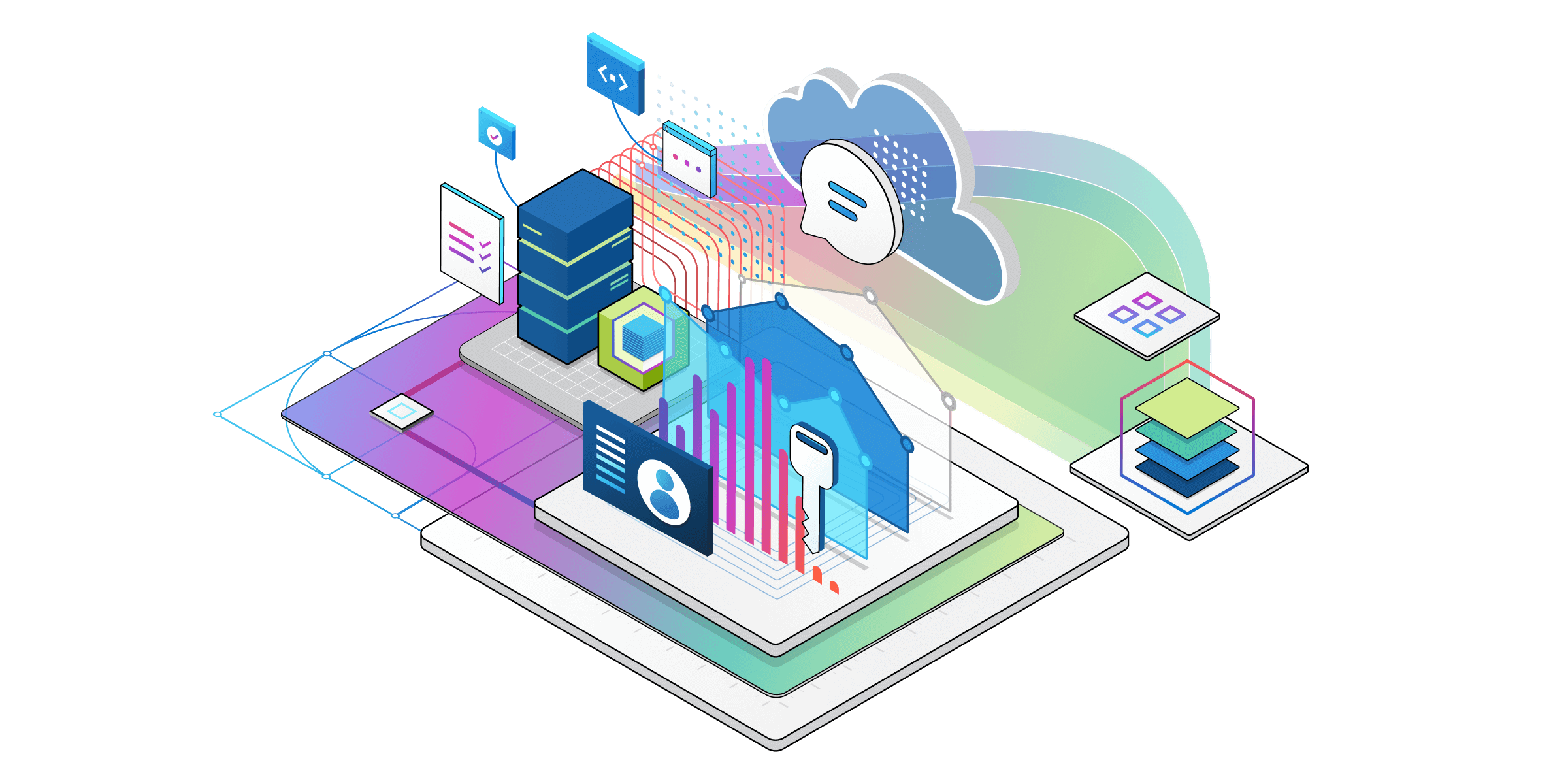 En isometrisk illustration af tekniske komponenter til Azure-tjenester. Cloud, servere, nøgler og browservinduer.