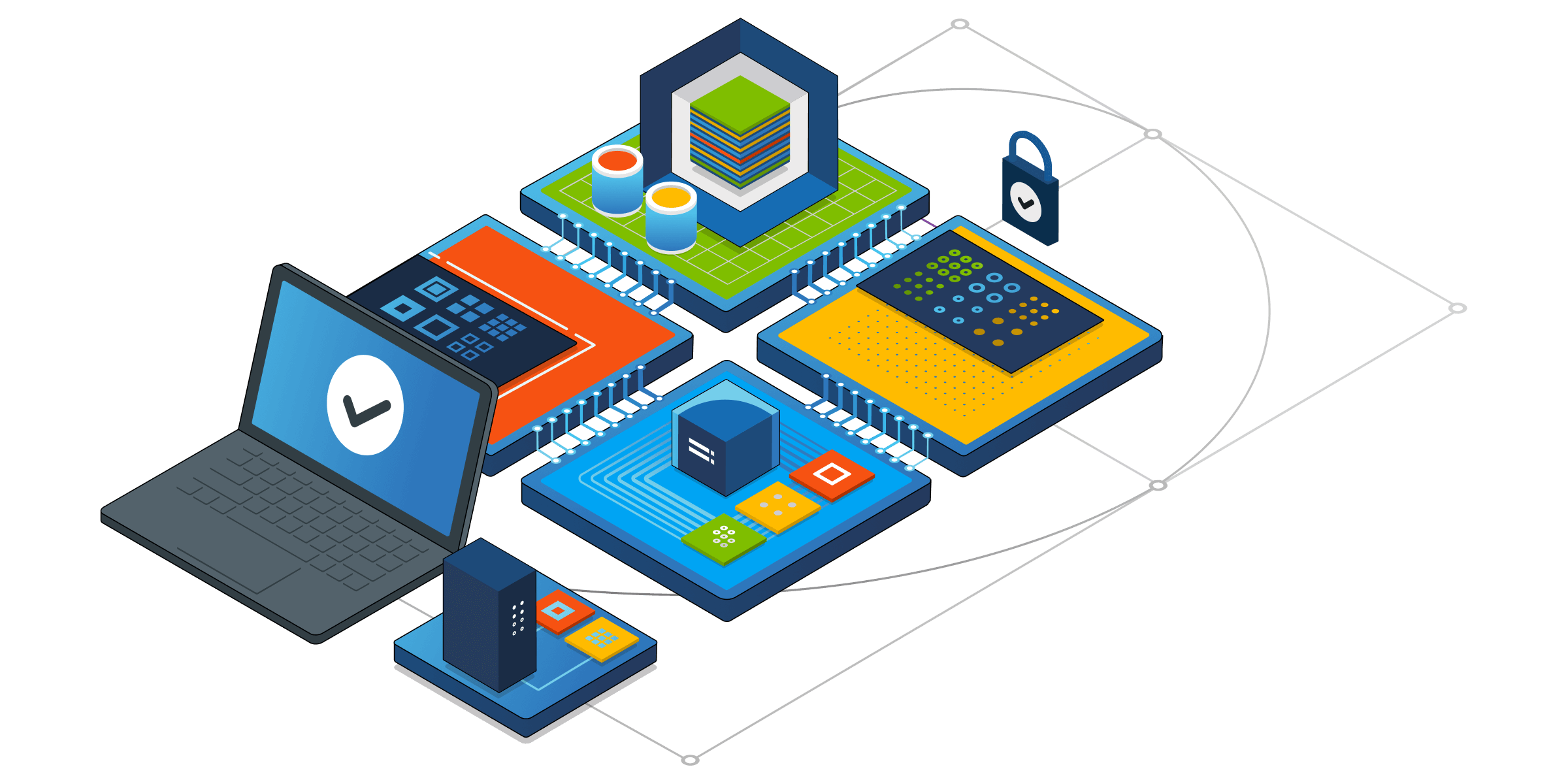 En isometrisk illustration af tekniske komponenter til Microsoft 365-tjenester.