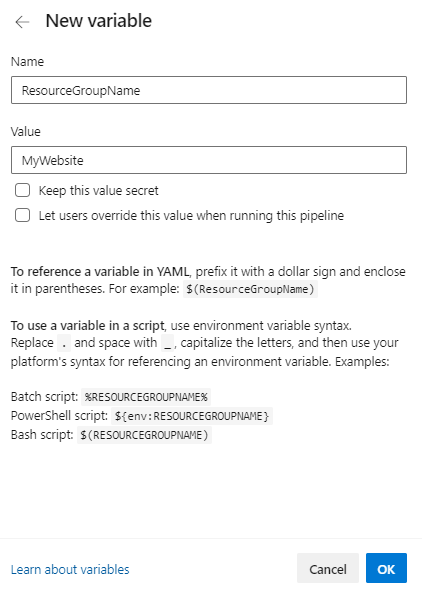 Screenshot of Azure DevOps that shows creating a new variable.