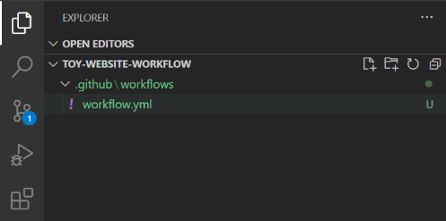 Skærmbillede af Visual Studio Code Explorer, hvor mappen .github/workflows og filen workflow.yml vises.