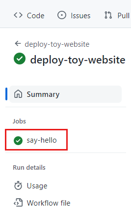 Skærmbillede af GitHub-grænsefladen, der viser menuen med kørselsoplysninger, hvor say-hello-jobbet er fremhævet.