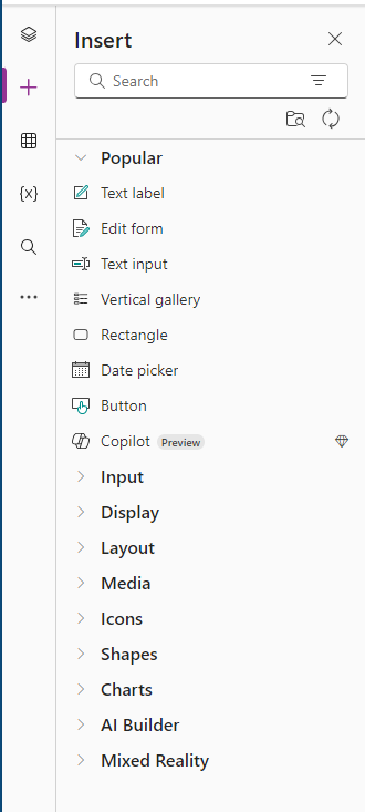 Screenshot of the Power Apps Controls Ribbon menu items for the Insert tab.