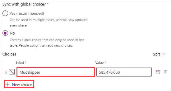 Screenshot of Synch with global choice and Choices with Mudskipper entered under label and New choice highlighted.