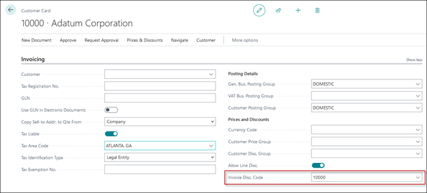 Screenshot of the Customer Disc. Group on the Customer Card.