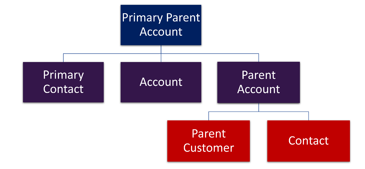 Diagram explaining the account contact hierarchy in Dynamics 365.