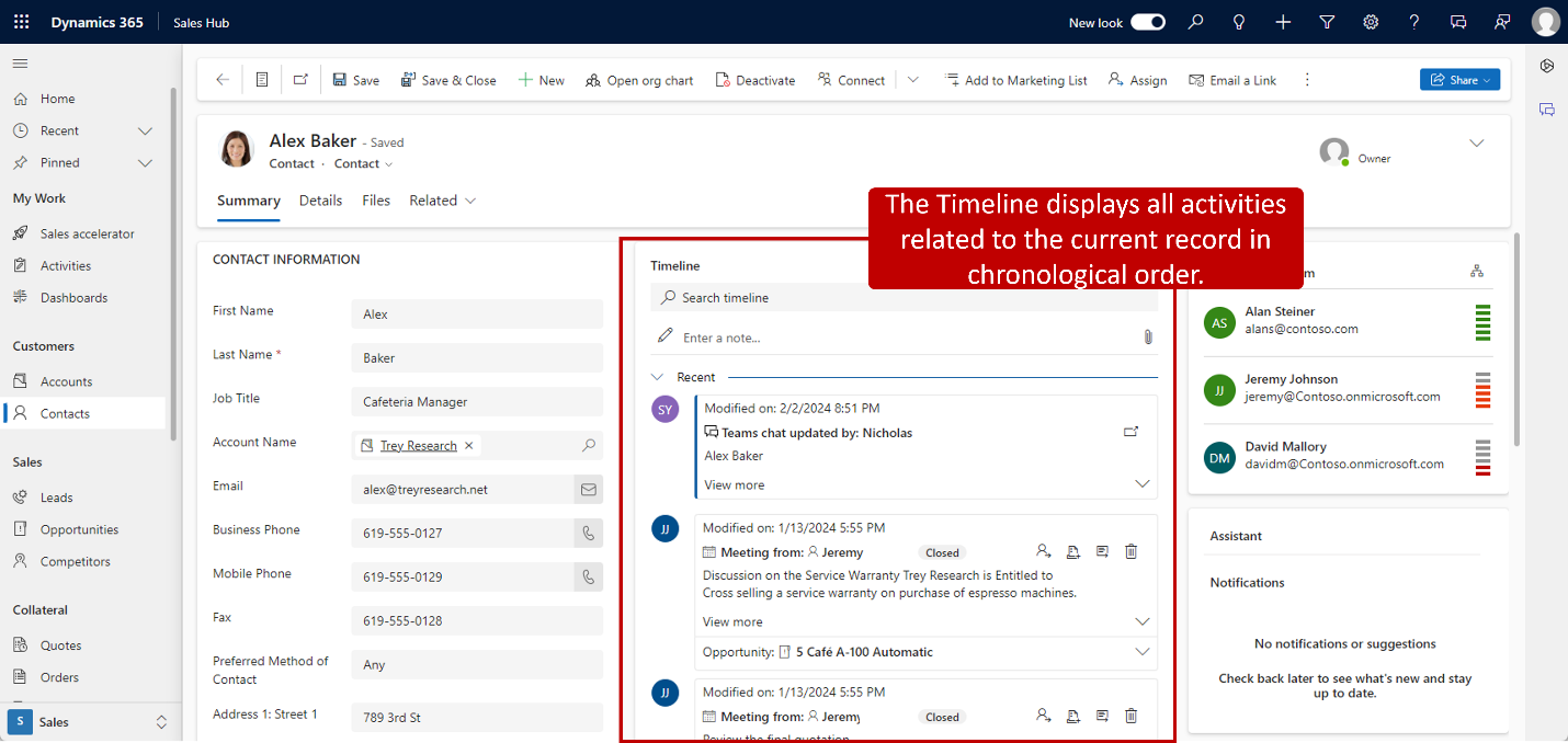 Screenshot showing the timeline control on a contact record.